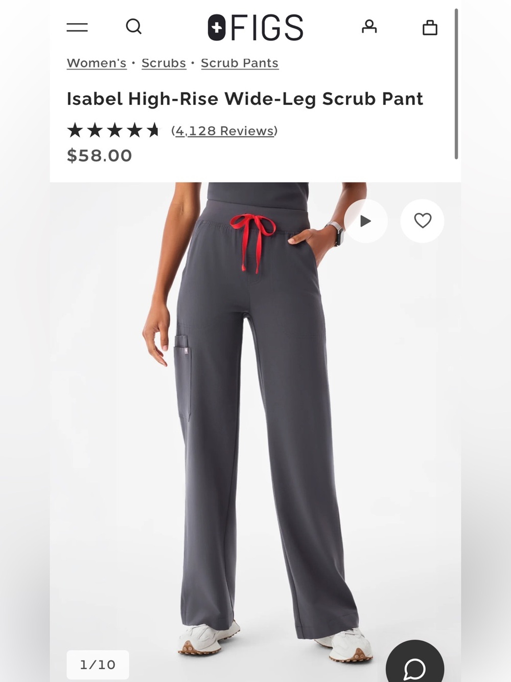 FIGS Isabel High-Rise Wide-Leg Scrub Pant — Charcoal Size S